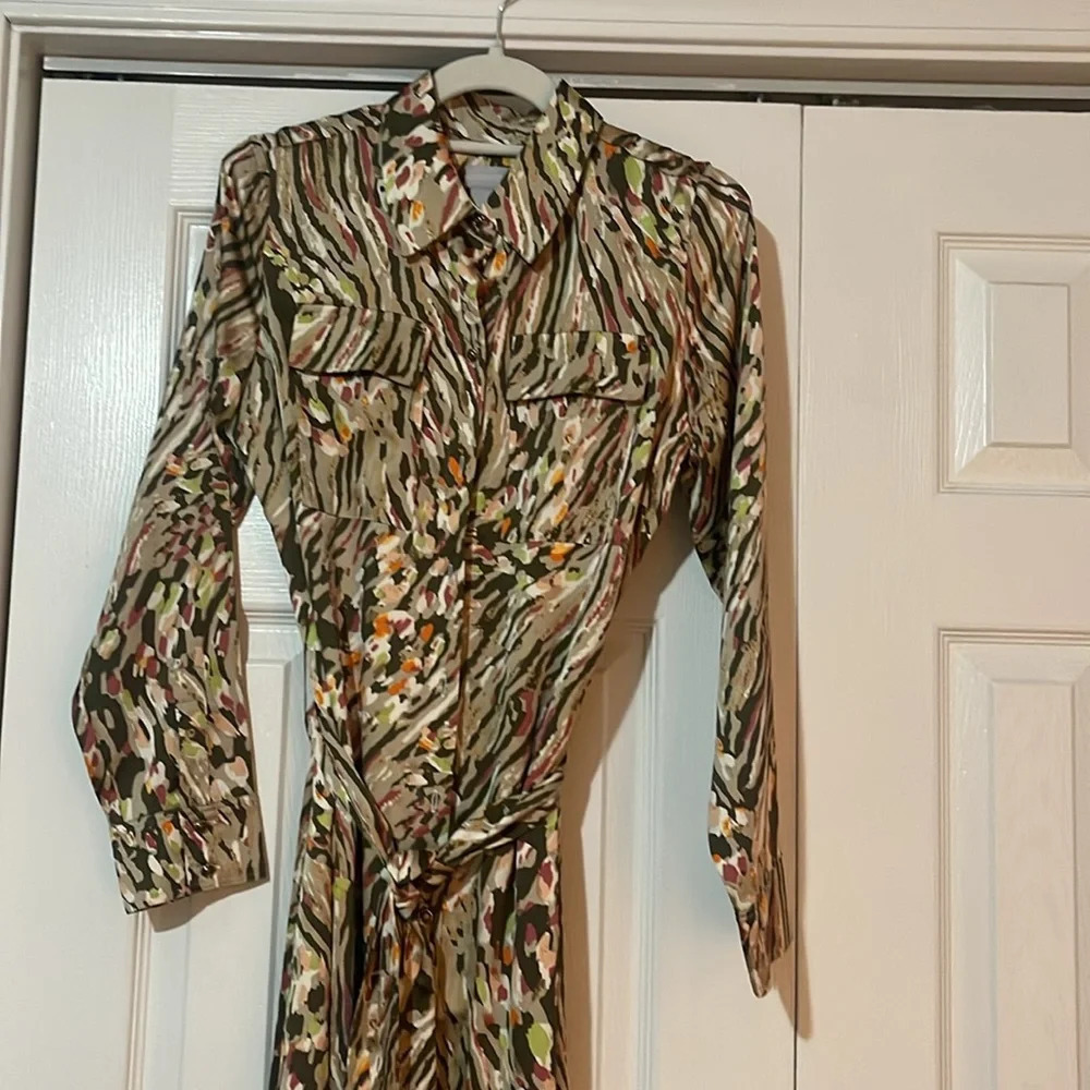 Chico's Maxi Shirt Dress Utility Satin Animal Print Silky - Picture 5 of 10
